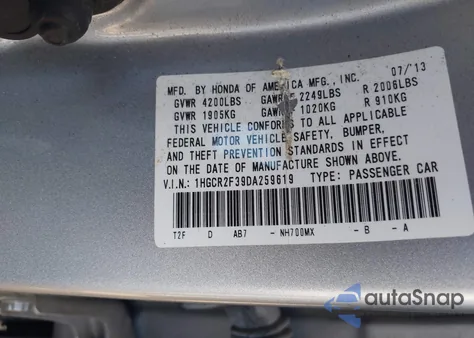 2013 Honda Accord Lx из США, поврежденный, VIN 1HGCR2F39DA259619